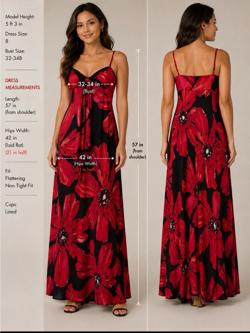 Maggy London Viscose unlined Sz 8, Red Floral Spaghetti-Strap Maxi Dress